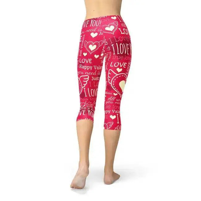 Crimson Capri Leggings with Bold Love Graphics for Style.