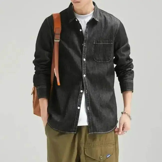 Effortless Style: Brown Leather Backpack & Denim Shirt - Estalios