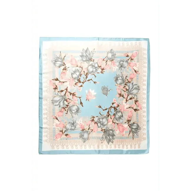 Light Blue Floral Printed Silky Square Scarf for Elegance - Estalios