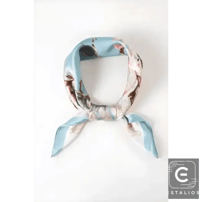Light Blue Floral Printed Silky Square Scarf for Elegance - Estalios