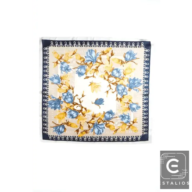 Light Blue Floral Printed Silky Square Scarf for Elegance - Estalios