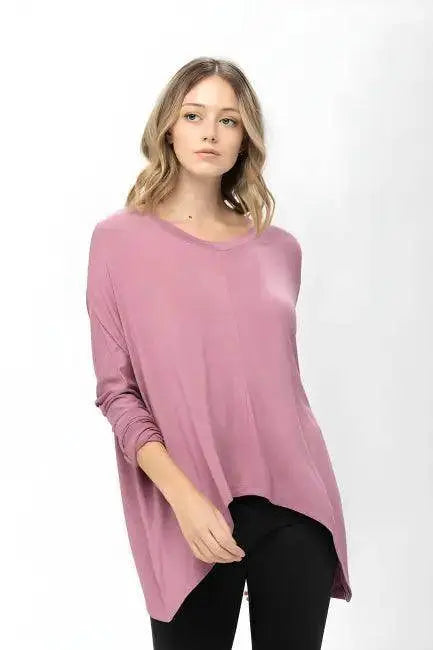 Mauve Long-Sleeved Dolman Sleeve Knit Tunic Blouse for Comfort - Estalios