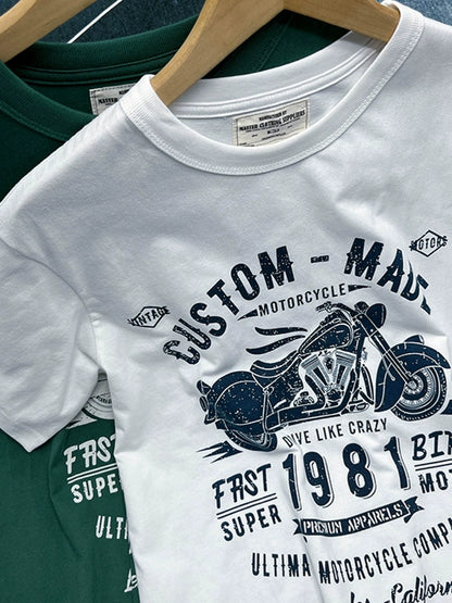 T-shirt Cotton Letter Print Short-Sleeve Retro Biker's Style