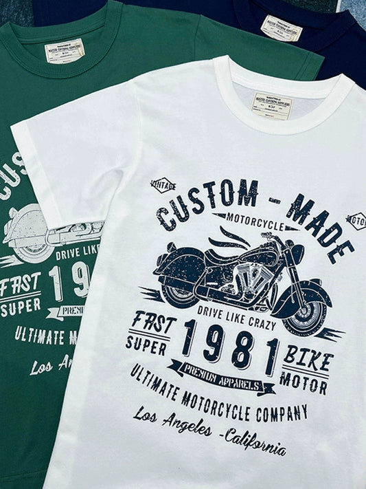 T-shirt Cotton Letter Print Short-Sleeve Retro Biker's Style