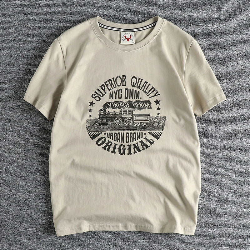 Summer American Retro Locomotive Pattern Men's T-Shirt