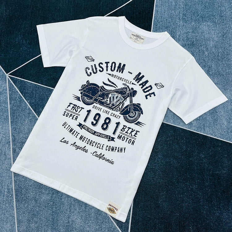 T-shirt Cotton Letter Print Short-Sleeve Retro Biker's Style