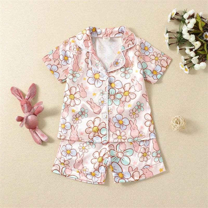 2Pcs Boys Easter Pajamas Set Long Sleeve Striped Print Button Down Shirts and Pants Set Loungewear for Kids - Estalios