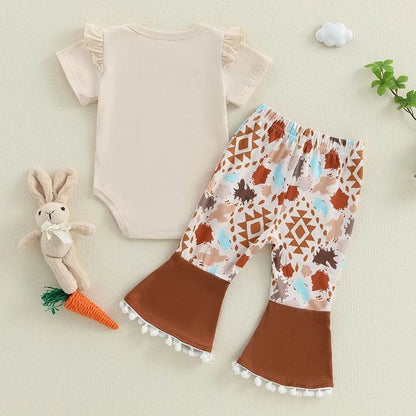 Toddler Easter Outfits Adorable Bunny Print Short Sleeve Romper Floral Pattern Flare Pants 2 Piece Set for Baby Girl - Estalios