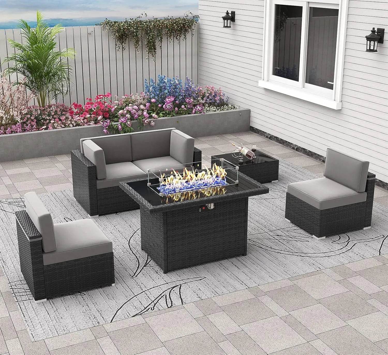 Patio Furniture Set Fire Pit Table Outdoor Sectional Sofa - Estalios