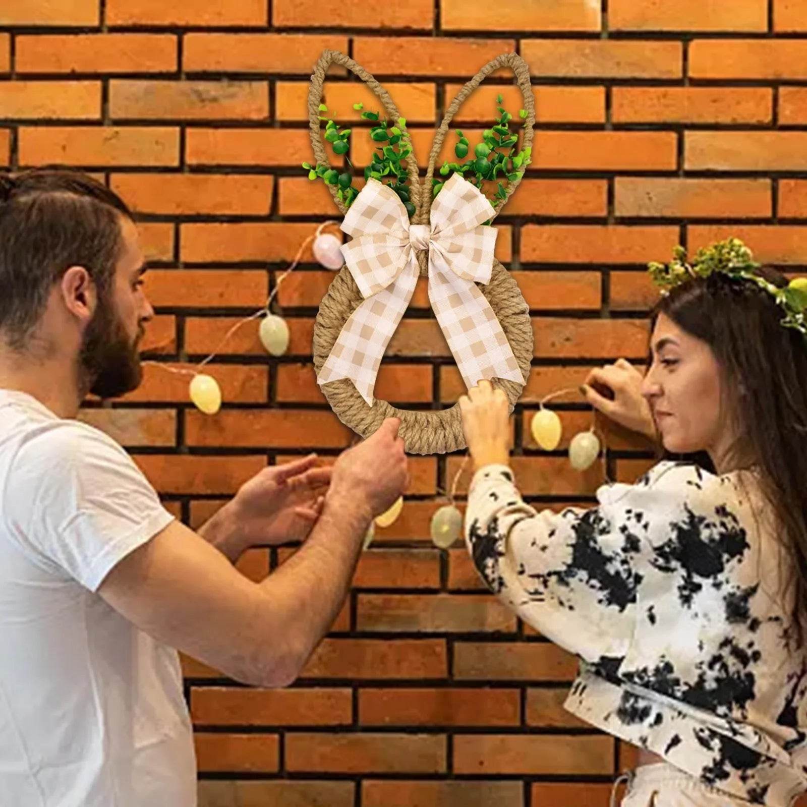 Handicrafts Spring Bunny Wreath For Spring And Easter Front Door Wall Window Decor Decorated With Bow And Green Advent Wreath - Estalios