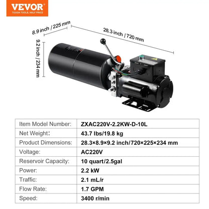 Hydraulic Pump, 10 Quart Power Unit, 3200 PSI, 1.7 GPM