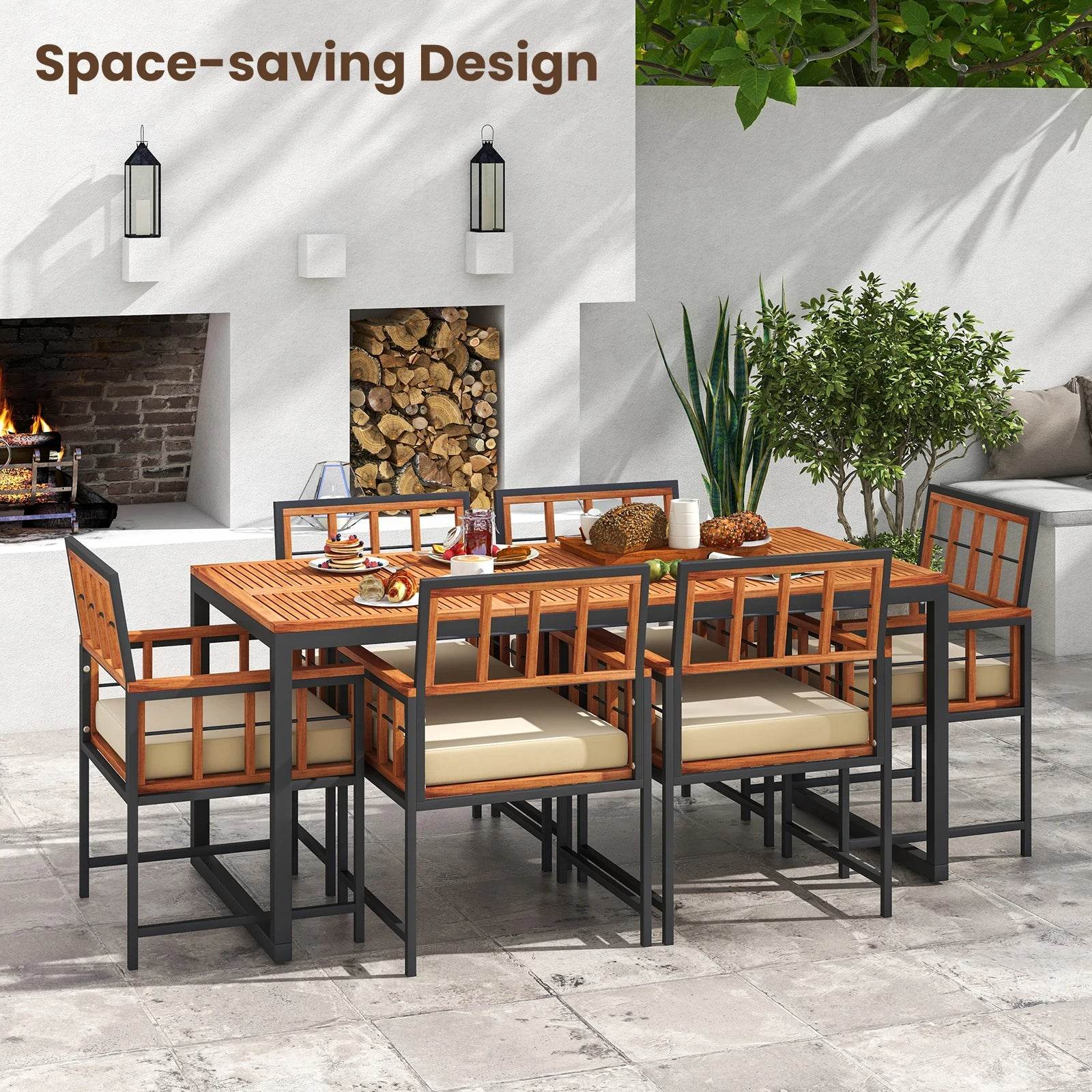 7 PCS Patio Dining Set with Acacia Wood Table and Cushions - Estalios