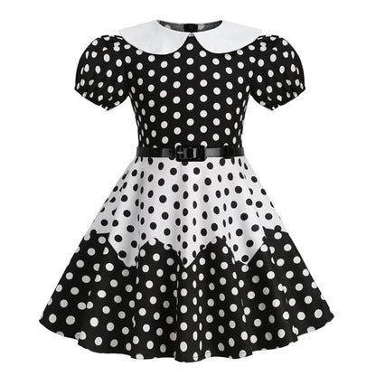 Kids Girls Vintage Dress Easter Polka Dots Print Dress Daily Birthday Dress Short Sleeve Perter Pan Collar 1950s Princess Dress - Estalios