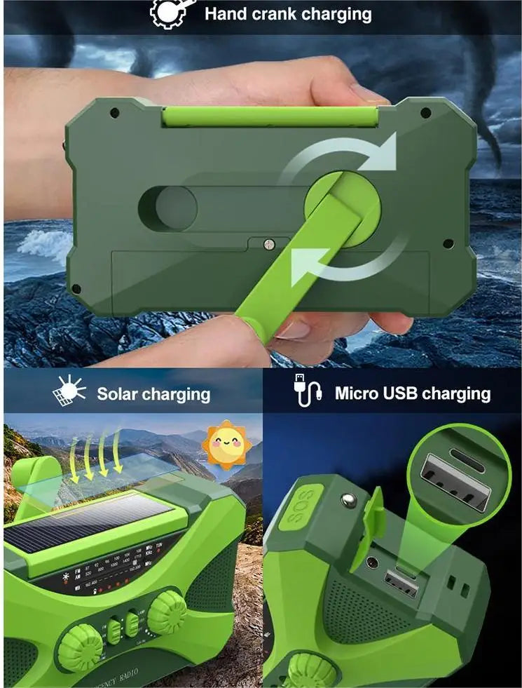 12000mAh Hand Crank Solar Power Radio Portable AM/FM/NOAA Weather Radio with LED Flashlight Power Bank Outdoor