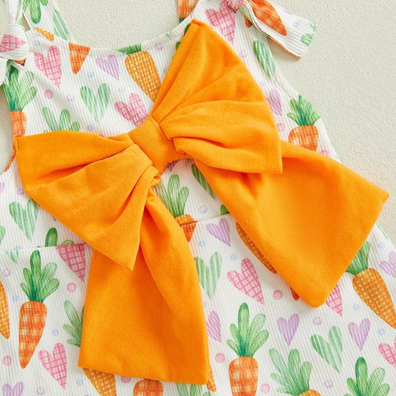 Adorable Baby Girls Easter Bunny Romper with Carrot Print and Big Bow Sleeveless Flare Pants Jumpsuit Egg Design - Estalios