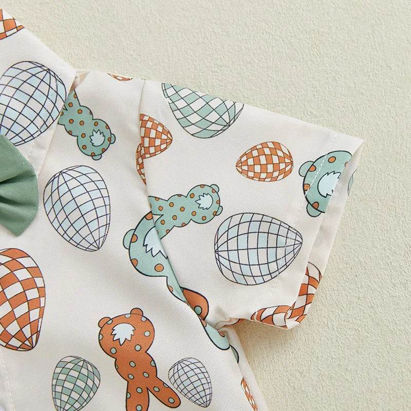 Adorable Infant Easter Outfit with Bunny Pattern Short Sleeve Lapel Collar Bodysuit and Bowtie for Spring and Summer - Estalios