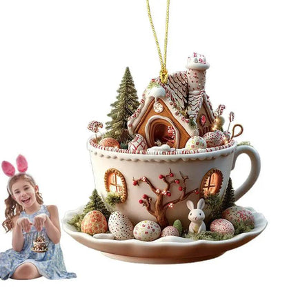 Easter Coffee Cup Ornaments Cartoon Bunny Egg House Coffee Mug Decorative 2D Acrylic Ornaments 2025 Spring Party Supplies - Estalios
