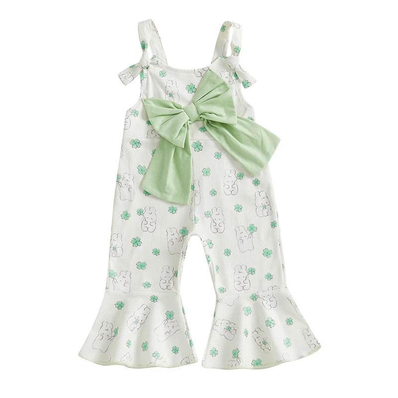 Adorable Baby Girls Easter Bunny Romper with Carrot Print and Big Bow Sleeveless Flare Pants Jumpsuit Egg Design - Estalios