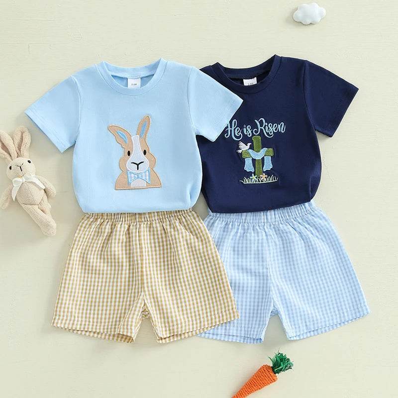 2024-11-25 Lioraitiin 0-3Y Toddler Baby Boy Easter Outfit Bunny/Cross Short Sleeve T-shirt Plaid Shorts 2pcs Summer Set - Estalios