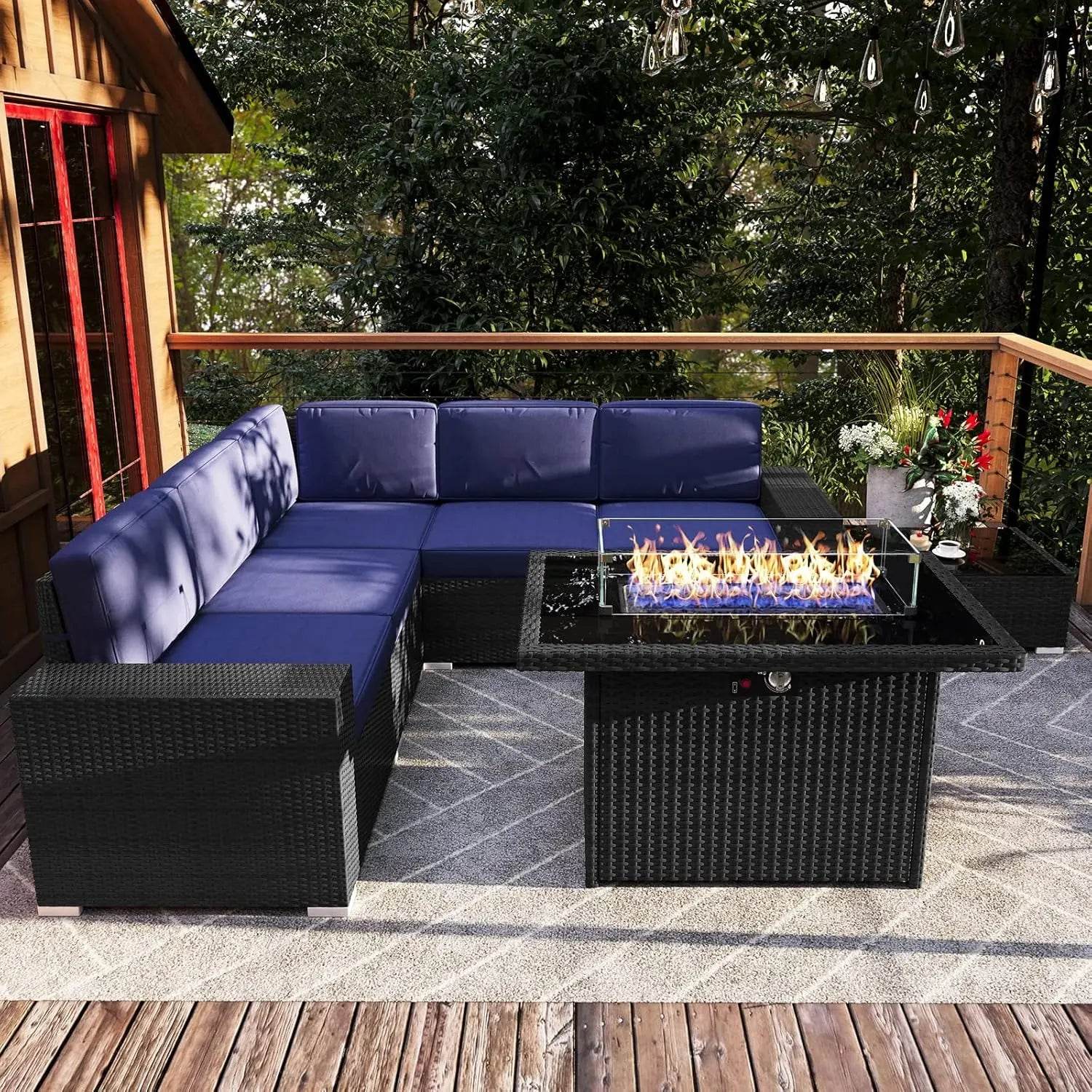 Patio Furniture Set Fire Pit Table Outdoor Sectional Sofa - Estalios