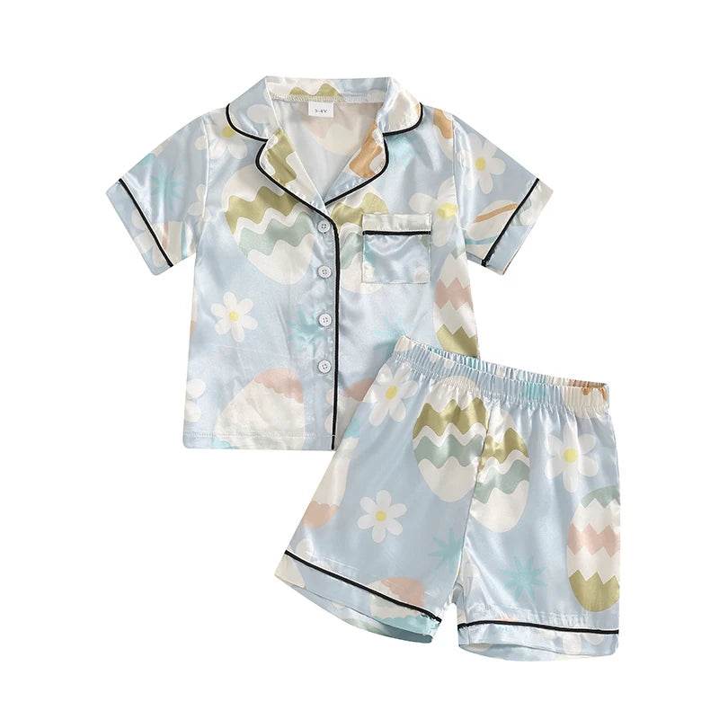 Children s Easter Pajama Set with Bunny Print Short Sleeve Lapel Button Down Top and Matching Shorts for a Cozy Sleepwear - Estalios