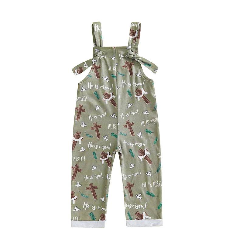 Easter Bunny Print Toddler Boy Sleeveless Square Neck Suspender Romper with Carrot and Cross Design - Estalios