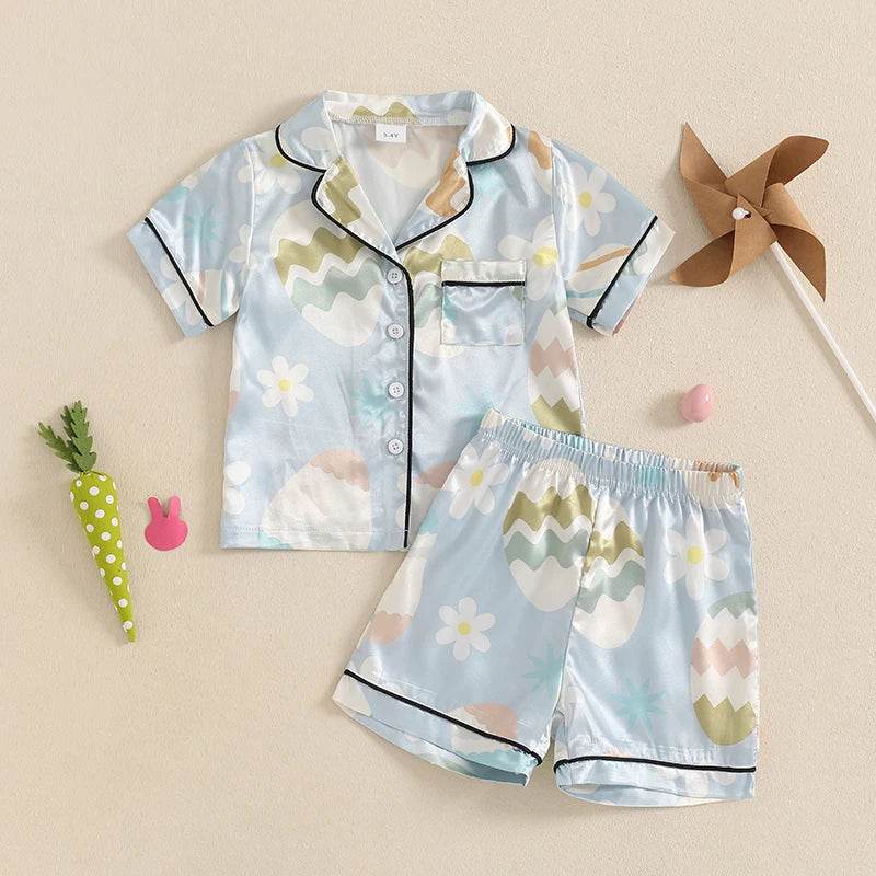 Children s Easter Pajama Set with Bunny Print Short Sleeve Lapel Button Down Top and Matching Shorts for a Cozy Sleepwear - Estalios