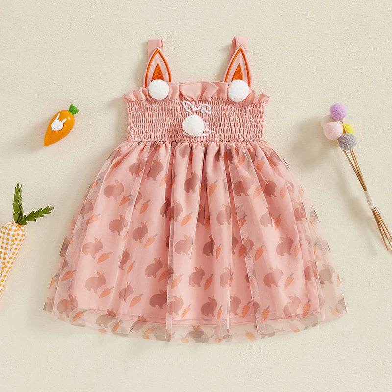 Girls Easter Bunny Print Sleeveless Dress Summer Fashion Casual Kids Princess Dress with Carrot Pattern - Estalios