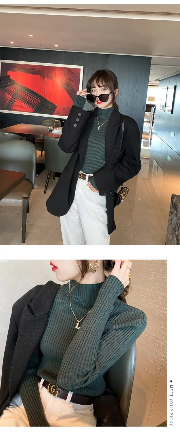 Suéter de cuello alto de punto básico sólido elegante para mujer