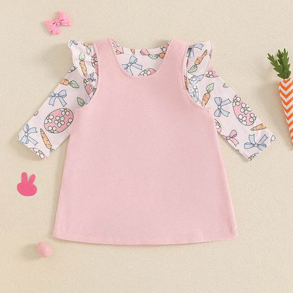Toddler Boys Easter Outfits Chick Print Short Sleeves Romper with Carrot Embroidery Overall Shorts and Hat Set - Estalios