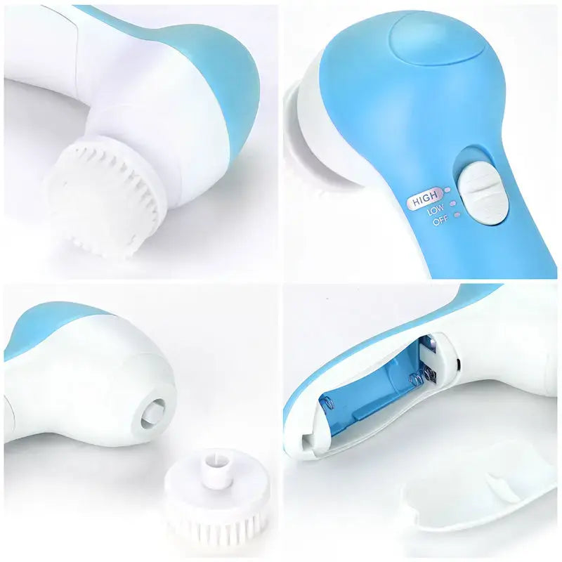 Blue and white Electric Facial Cleaner 5 in 1 Face Cleansing Brush for spa-like skincare.