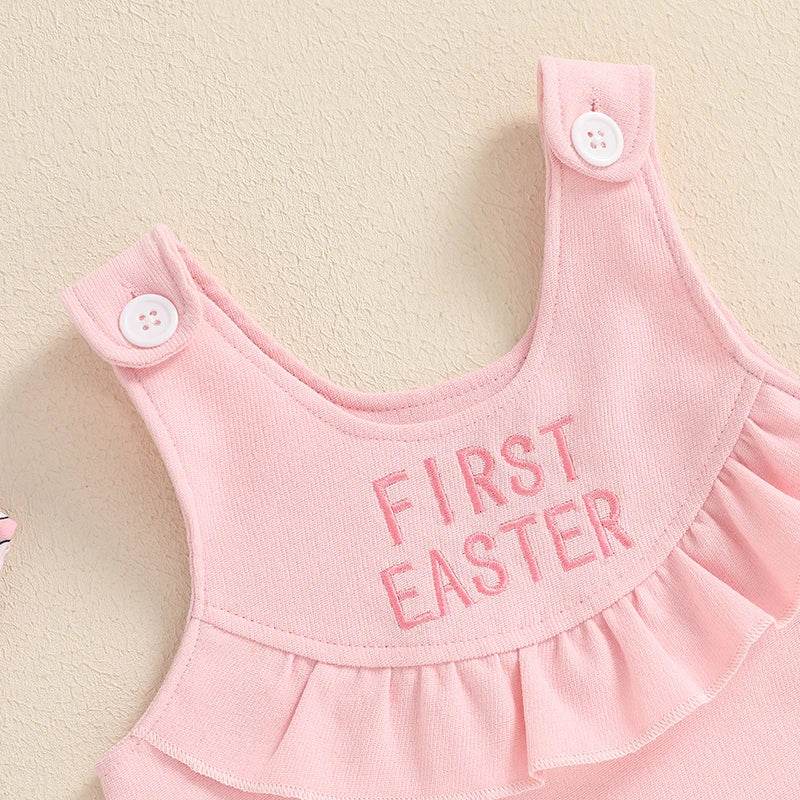 Toddler Boys Easter Outfits Chick Print Short Sleeves Romper with Carrot Embroidery Overall Shorts and Hat Set - Estalios
