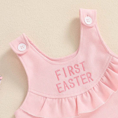 Toddler Boys Easter Outfits Chick Print Short Sleeves Romper with Carrot Embroidery Overall Shorts and Hat Set - Estalios