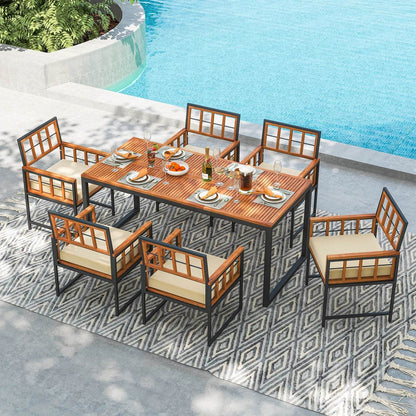 7 PCS Patio Dining Set with Acacia Wood Table and Cushions - Estalios