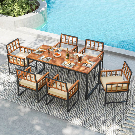 7 PCS Patio Dining Set with Acacia Wood Table and Cushions - Estalios