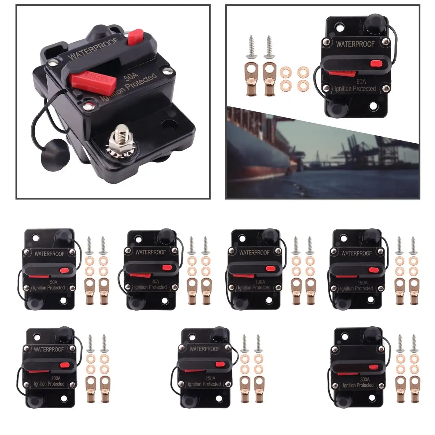 Marine Circuit Breaker Ignition protected with Manual Reset ,Waterproof, 12V-48V DC for RV Trolling Car Audio Truck Boat