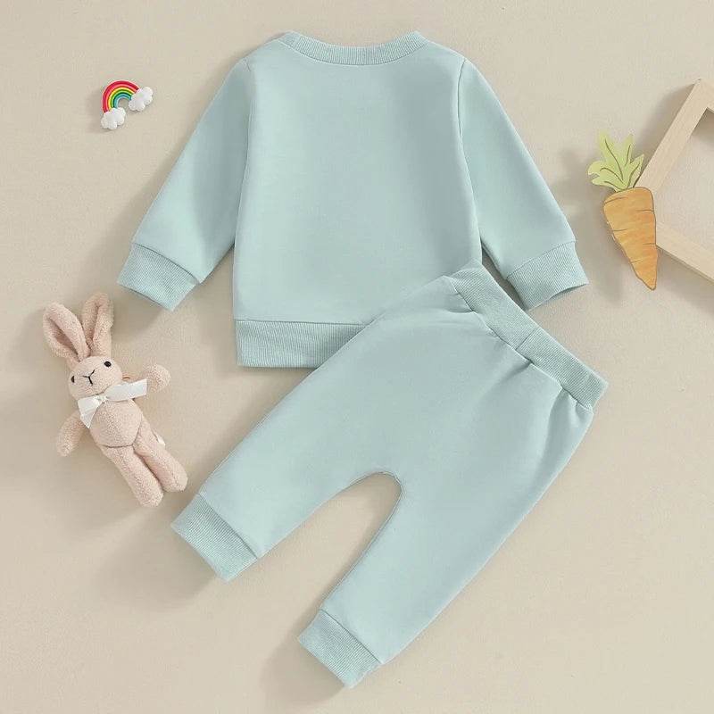 2023-11-07 Lioraitiin 0-3Y Toddler Girls Easter Outfit Letter Bunny Embroidery Long Sleeve Sweatshirt and Elastic Waist Pant Set - Estalios