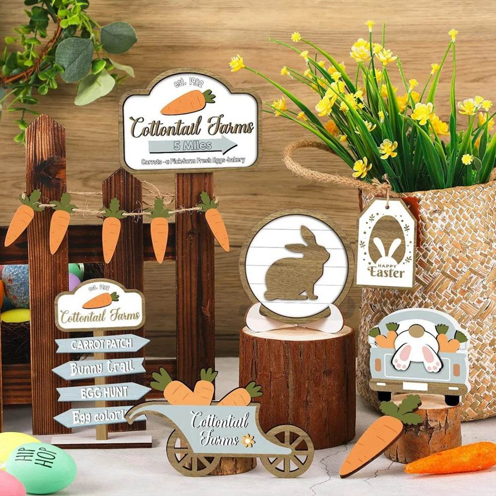 Easter Bunny Carrots Wooden Tiered Tray Decorations Happy Easter Day Decor Heart Wooden Tabletop Signs Sets Table Centerpiece - Estalios
