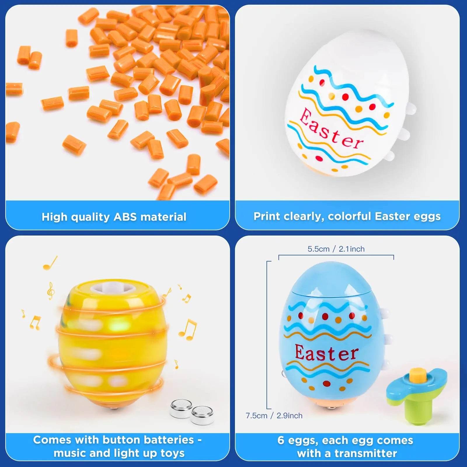 2024 TERRAMUS Easter Eggs Toys-6Pack Spinning Tops LED&Singing Party Favors Basket Stuffers Plastic Easter Gifts for Kids3+ - Estalios
