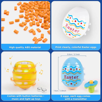 2024 TERRAMUS Easter Eggs Toys-6Pack Spinning Tops LED&Singing Party Favors Basket Stuffers Plastic Easter Gifts for Kids3+ - Estalios