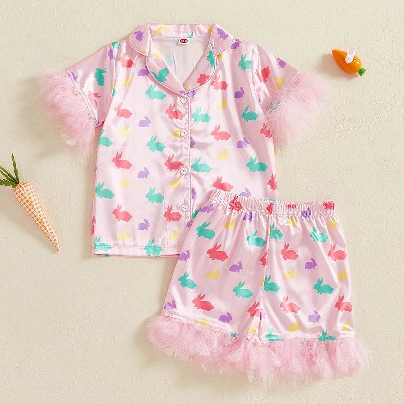 Women s Easter 2-Piece Pajama Set with Short Sleeve Lapel Bunny Print Shirt and Shorts for Comfortable Sleepwear - Estalios