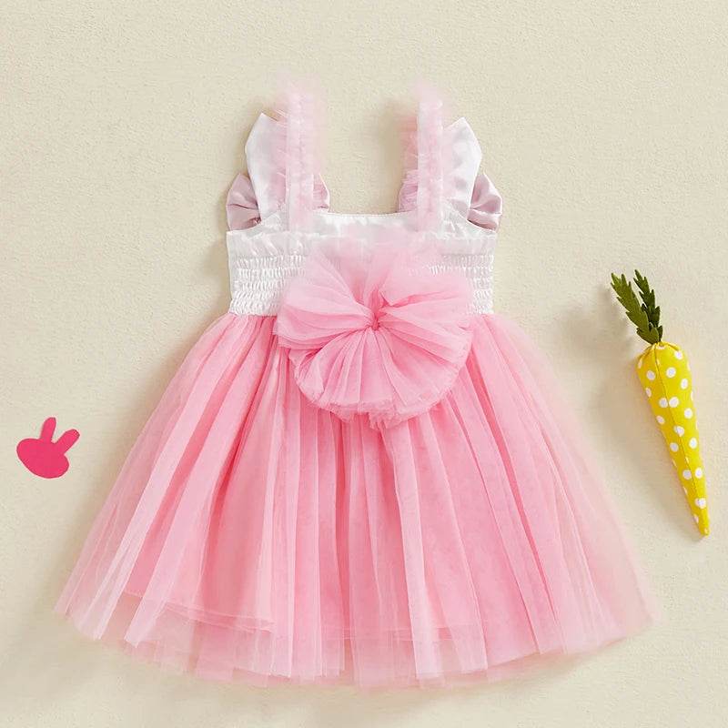 Adorable Baby Girls Easter Outfit Sleeveless Bunny Print Suspender Dress with Tulle Skirt for Spring and Summer Celebrations - Estalios
