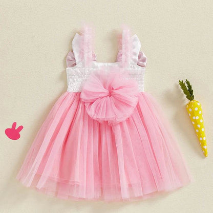 Adorable Baby Girls Easter Outfit Sleeveless Bunny Print Suspender Dress with Tulle Skirt for Spring and Summer Celebrations - Estalios