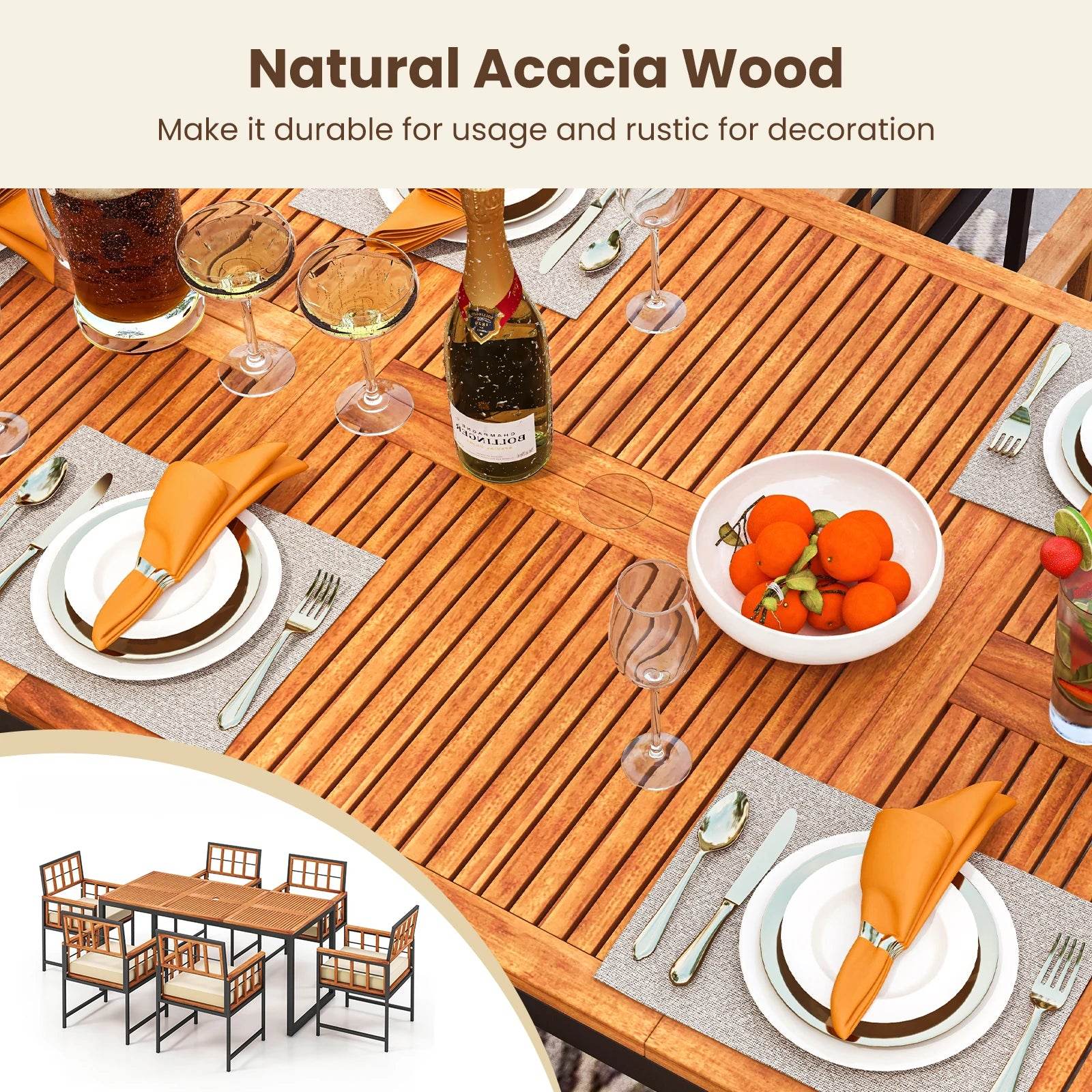 7 PCS Patio Dining Set with Acacia Wood Table and Cushions - Estalios