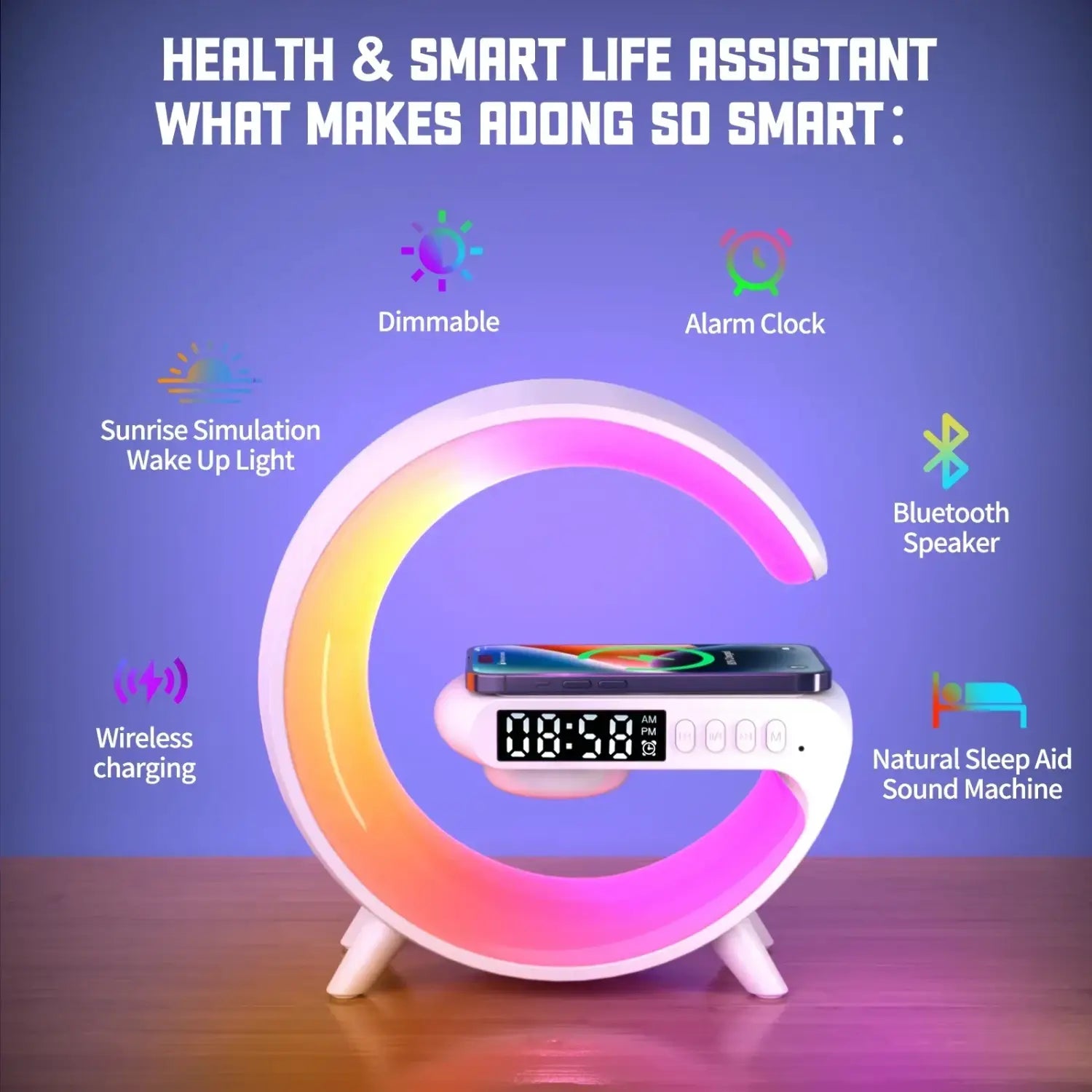 Cargador con altavoz Bluetooth, despertador y luz RGB multifunción