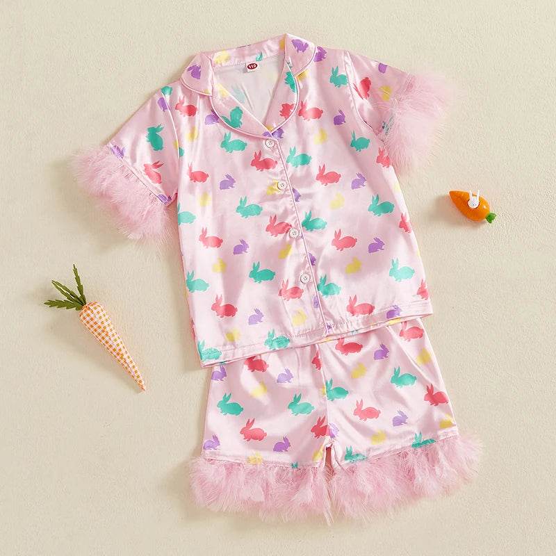 Women s Easter 2-Piece Pajama Set with Short Sleeve Lapel Bunny Print Shirt and Shorts for Comfortable Sleepwear - Estalios