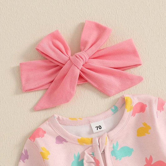 Toddler Girl 2-Piece Easter Dress Set with Bunny Print Long Sleeve Ruffle Jumpsuit and Matching Headband - Adorable Newborn - Estalios