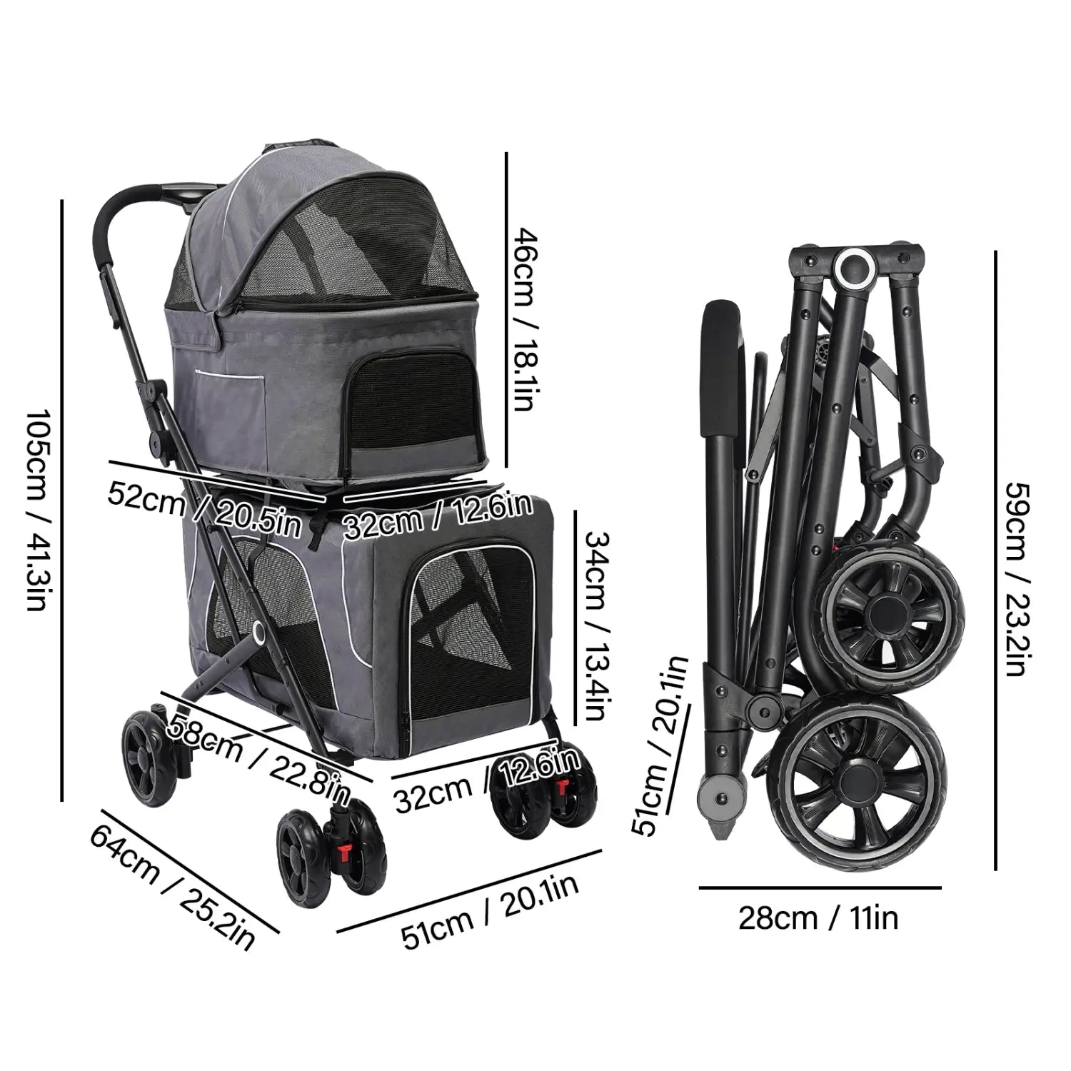 Cochecito plegable para perros y gatos, doble portador desmontable, fácil de transportar