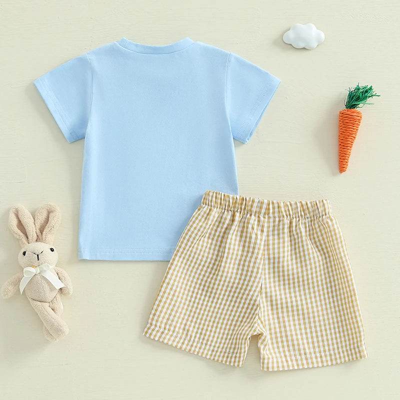 2024-11-25 Lioraitiin 0-3Y Toddler Baby Boy Easter Outfit Bunny/Cross Short Sleeve T-shirt Plaid Shorts 2pcs Summer Set - Estalios
