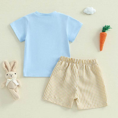 2024-11-25 Lioraitiin 0-3Y Toddler Baby Boy Easter Outfit Bunny/Cross Short Sleeve T-shirt Plaid Shorts 2pcs Summer Set - Estalios